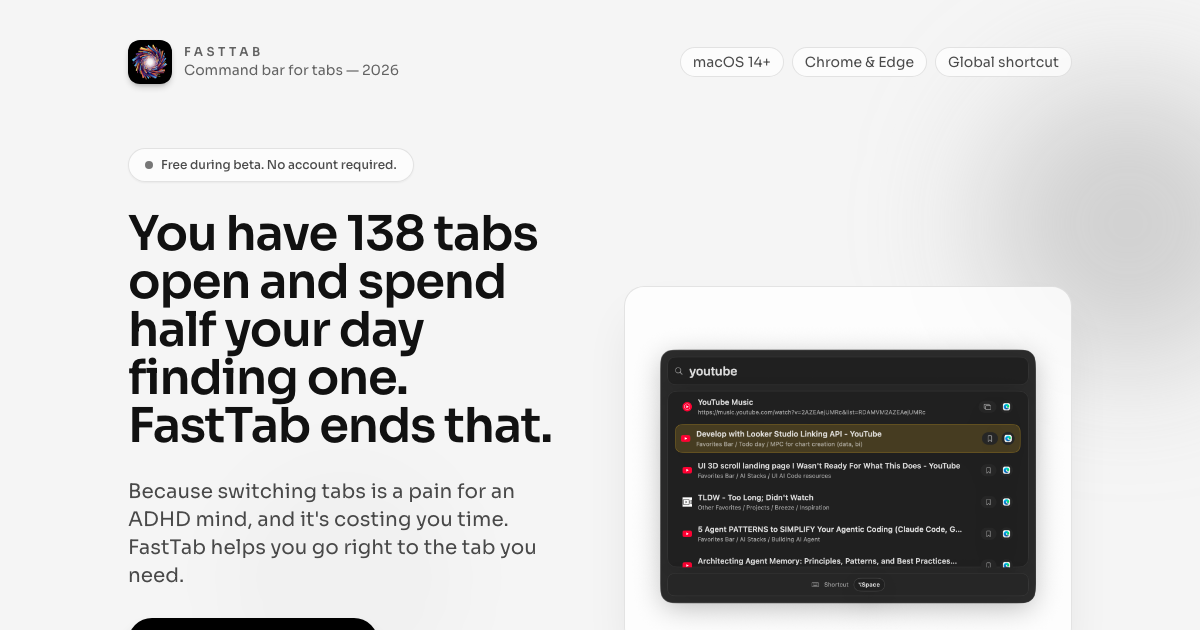 Fasttab FastTab — Tab and Finder search for Safari, Chrome, Edge, and Brave